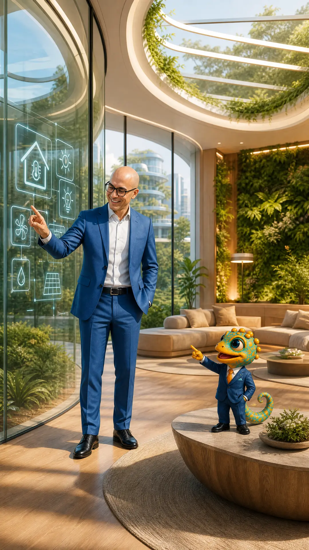 Herr Müller und Finanzino im Headquarter-Garten der Visionären Allianz