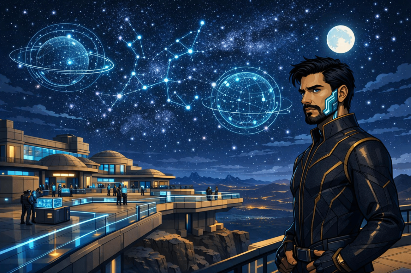 Stellaria – futuristische Wolkenstadt bei Nacht