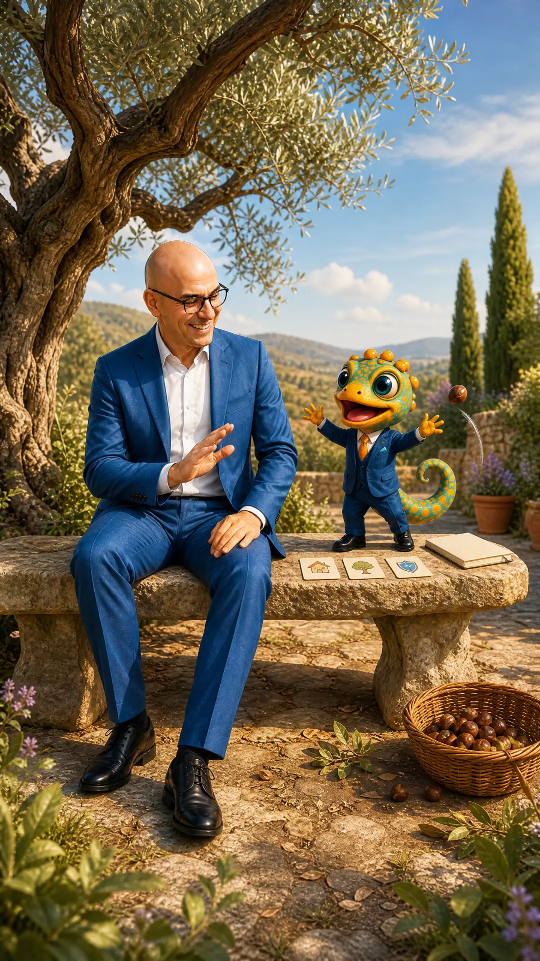 Herr Müller und Finanzino auf einer Steinbank unter dem alten Olivenbaum